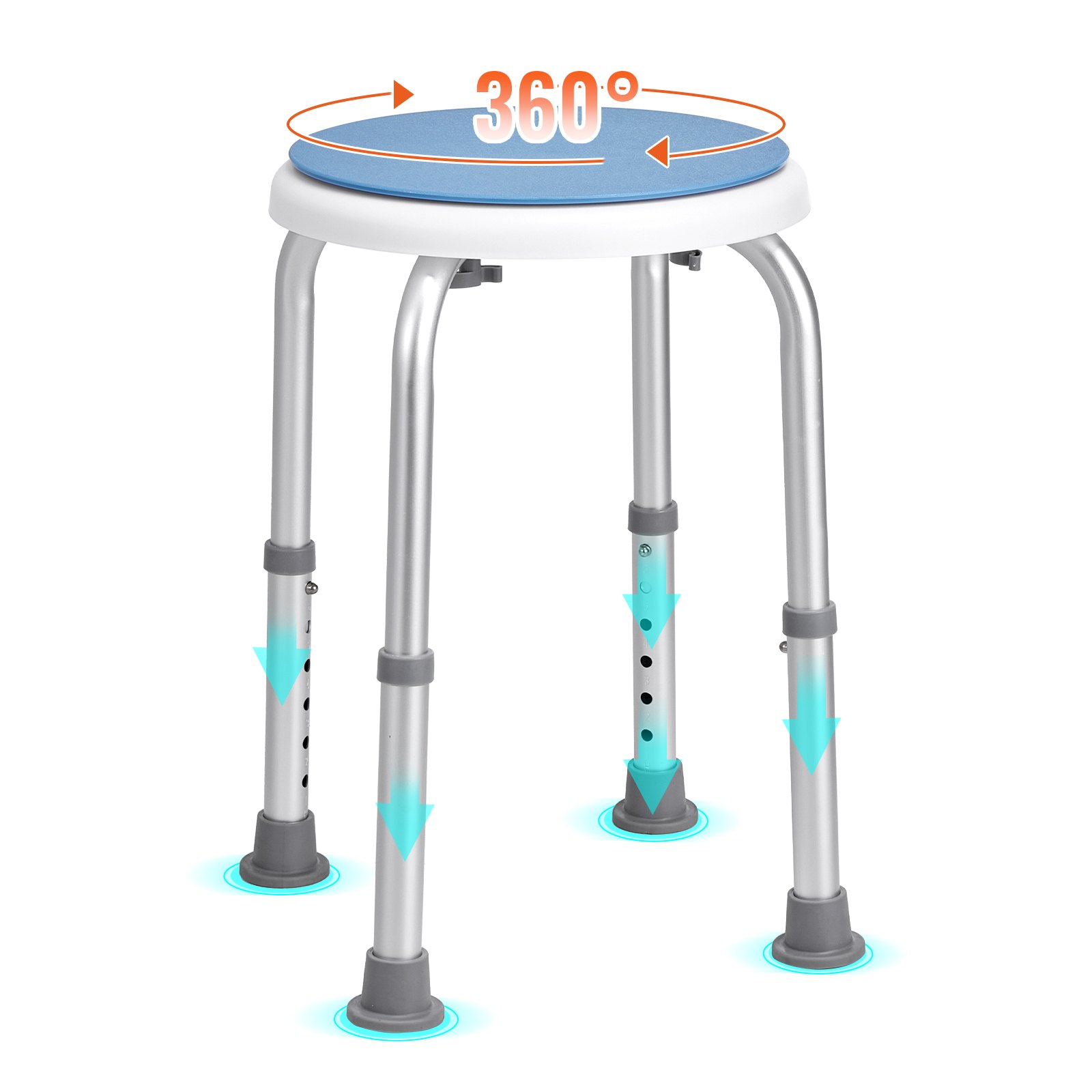 adjustable VEVOR shower chair with 360° rotating seat and sturdy metal legs with non-slip feet.