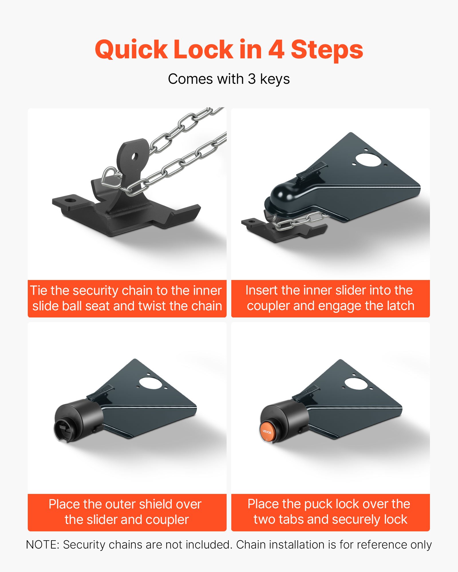 VEVOR Trailer Lock, Fits 50.6 & 58.6 mm Straight Tongue Ball Couplers, Heavy Duty Hitch Lock with 3 Keys Secures Security Chains, Anti-Theft RV Trailer Tongue Locks for RV, Trailer, Boat