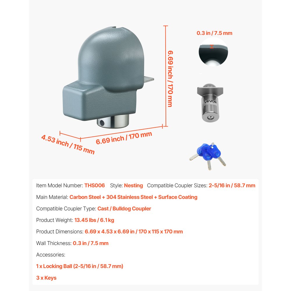 VEVOR Trailer Coupler Lock, Fits 2-5/16-Inch Cast/Bulldog Trailer Couplers, Heavy Duty Trailer Hitch Lock with 3 Keys, Corrision-resistant, Anti-Theft Coupler Ball Locks for RV, Trailer, Boat, Black