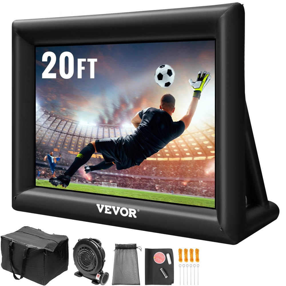 VEVOR inflatable movie screen with soccer scene in stadium, 20ft size, accessories shown.