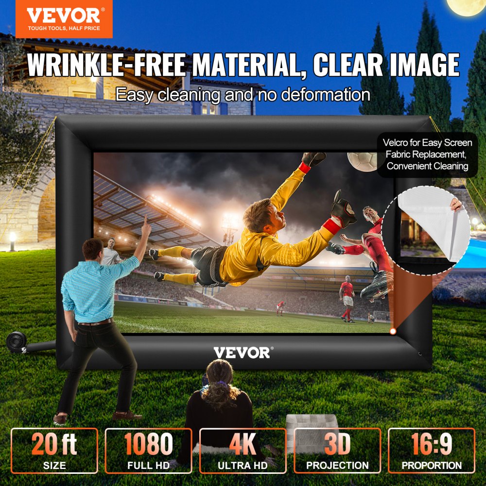 VEVOR Inflatable Movie Screen 20FT Inflatable Projector Screen for outside with 350W Air Blower Inflatable Screen Oxford Fabric Material Blow Up Screen for Outdoor Movie Supports Front/Rear Projection