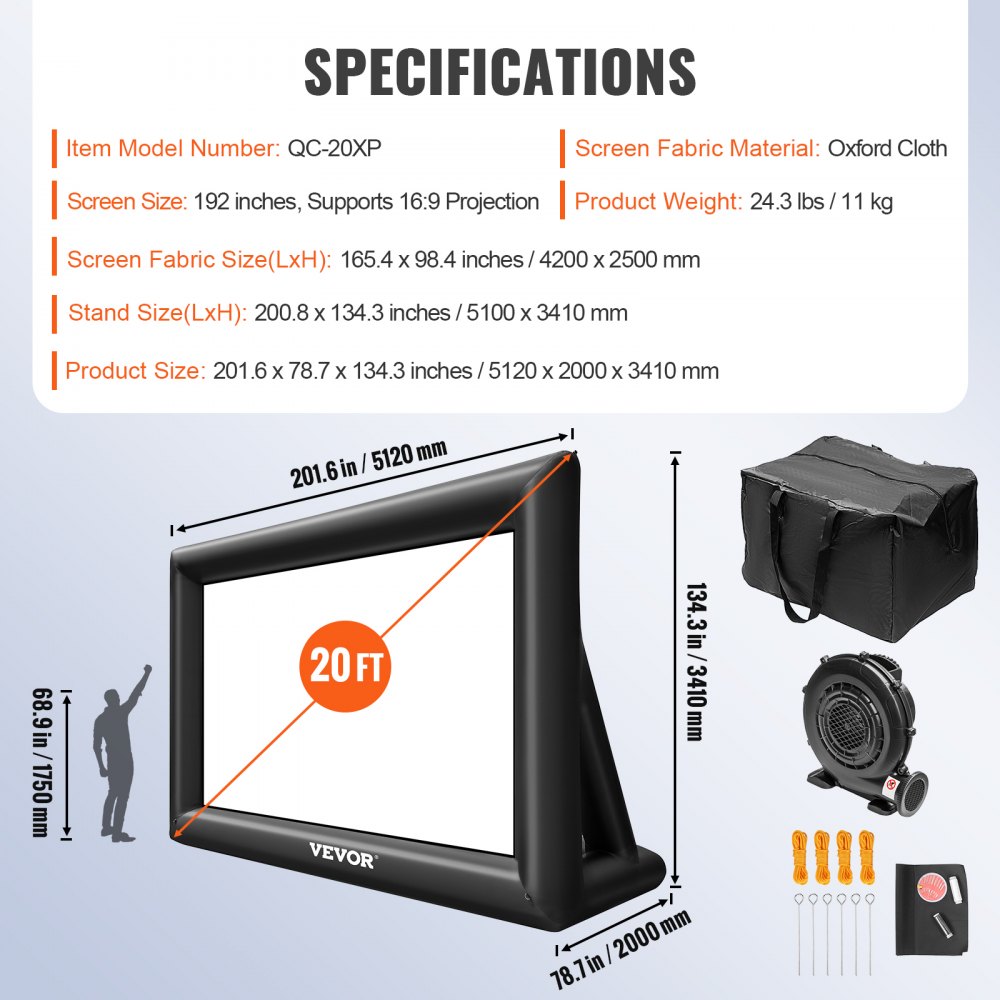 VEVOR Inflatable Movie Screen 20FT Inflatable Projector Screen for outside with 350W Air Blower Inflatable Screen Oxford Fabric Material Blow Up Screen for Outdoor Movie Supports Front/Rear Projection