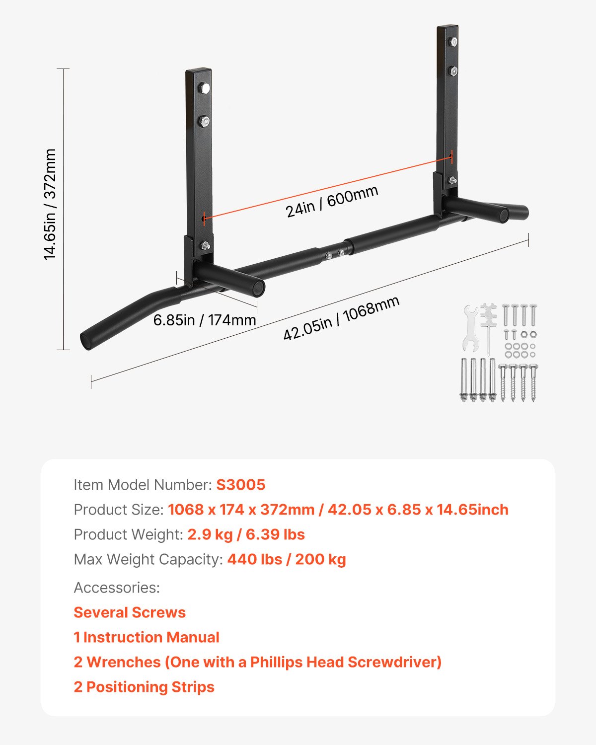 VEVOR Joist Mount Pull Up Bar, Ceiling Mounted Chin Up Bar for Home Gym, Multi-Grip Pull Ups, 42 in Width Multifunctional Training Station, Heavy Duty Steel Upper Body Workout Bars, 440 lbs Capacity