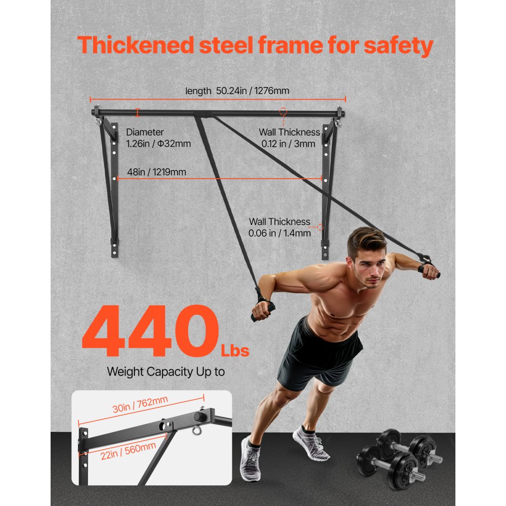 VEVOR Pull Up Bar, 50 in Width Wall Mounted Pull Ups, Adjustable Depth 22" or 30" from Wall, Heavy Duty Steel Upper Body Workout Bars, 440 lbs Weight Capacity Chin Up Training Station, for Home Gym