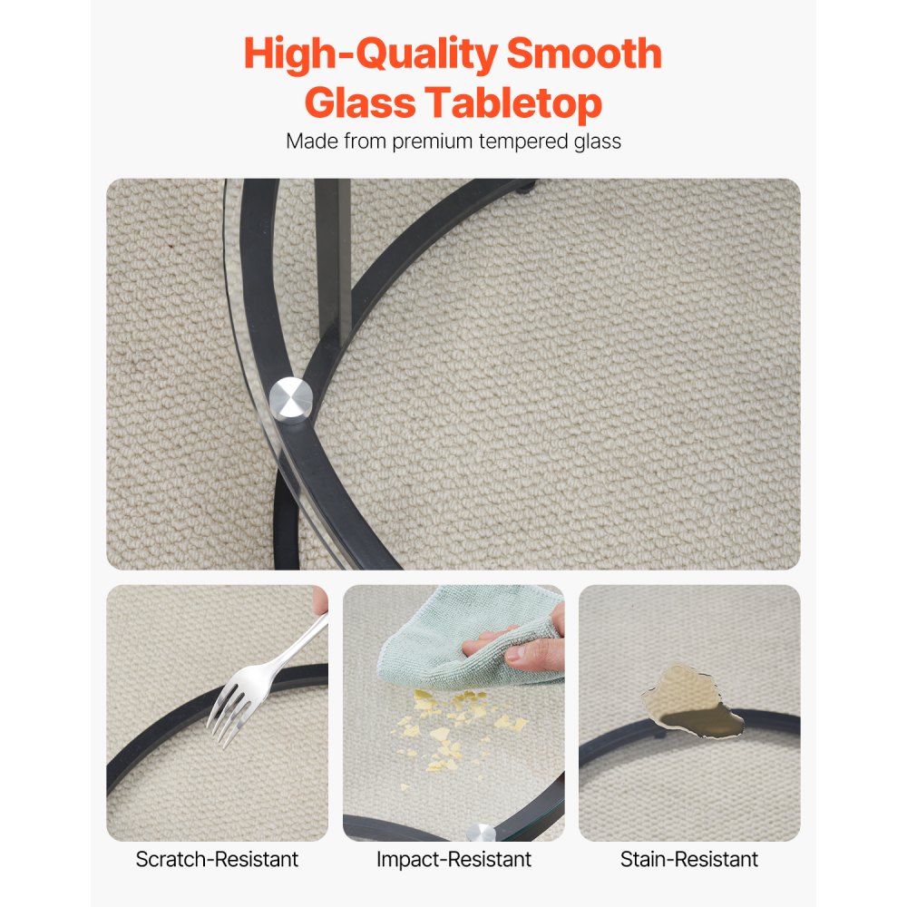 VEVOR Nesting Coffee Table Set of 2, 600 mm Round Coffee Table, Glass Nesting Tables for Small Place, Modern End Side Tables Night Stand with Metal Frame, for Living Room, Bedroom, Balcony, Office