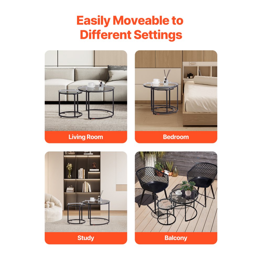 VEVOR Nesting Coffee Table Set of 2, 600 mm Round Coffee Table, Glass Nesting Tables for Small Place, Modern End Side Tables Night Stand with Metal Frame, for Living Room, Bedroom, Balcony, Office