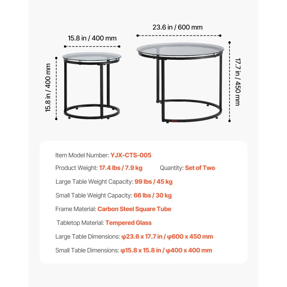 VEVOR Nesting Coffee Table Set of 2, 600 mm Round Coffee Table, Glass Nesting Tables for Small Place, Modern End Side Tables Night Stand with Metal Frame, for Living Room, Bedroom, Balcony, Office