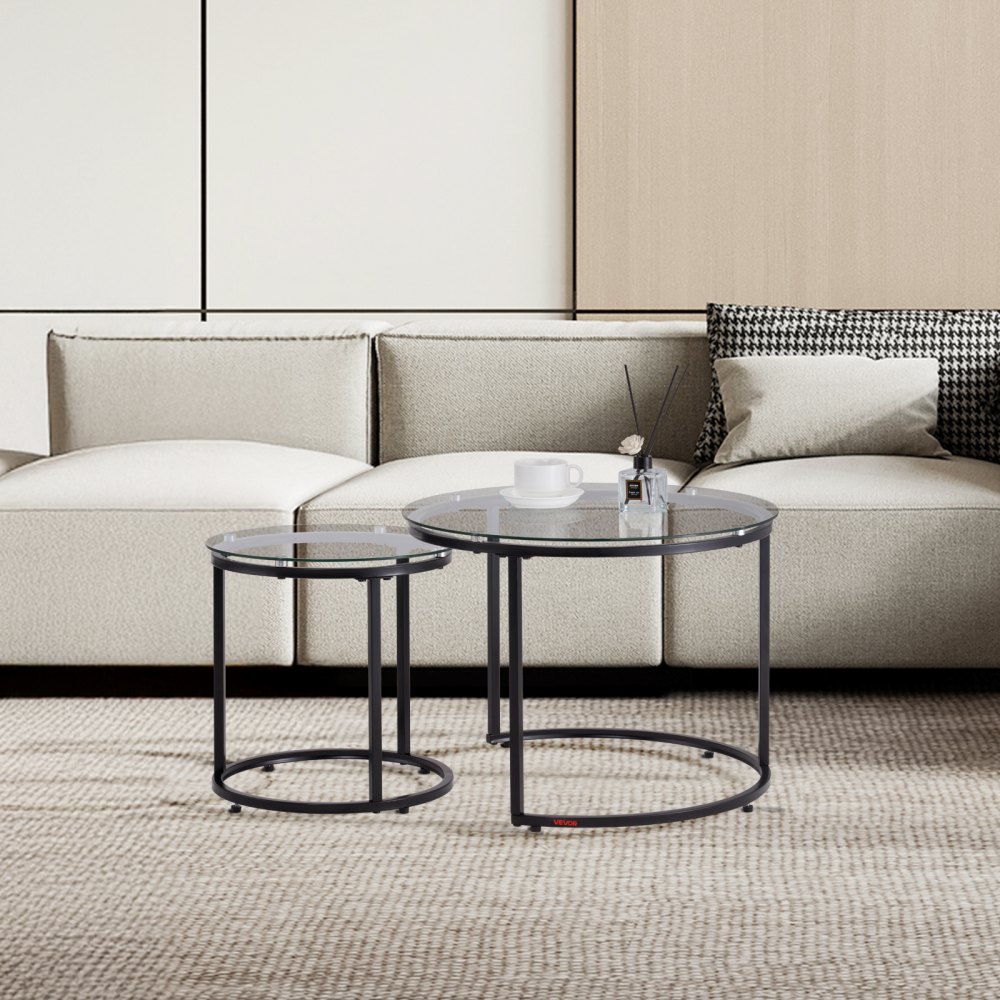 VEVOR Nesting Coffee Table Set of 2, 600 mm Round Coffee Table, Glass Nesting Tables for Small Place, Modern End Side Tables Night Stand with Metal Frame, for Living Room, Bedroom, Balcony, Office