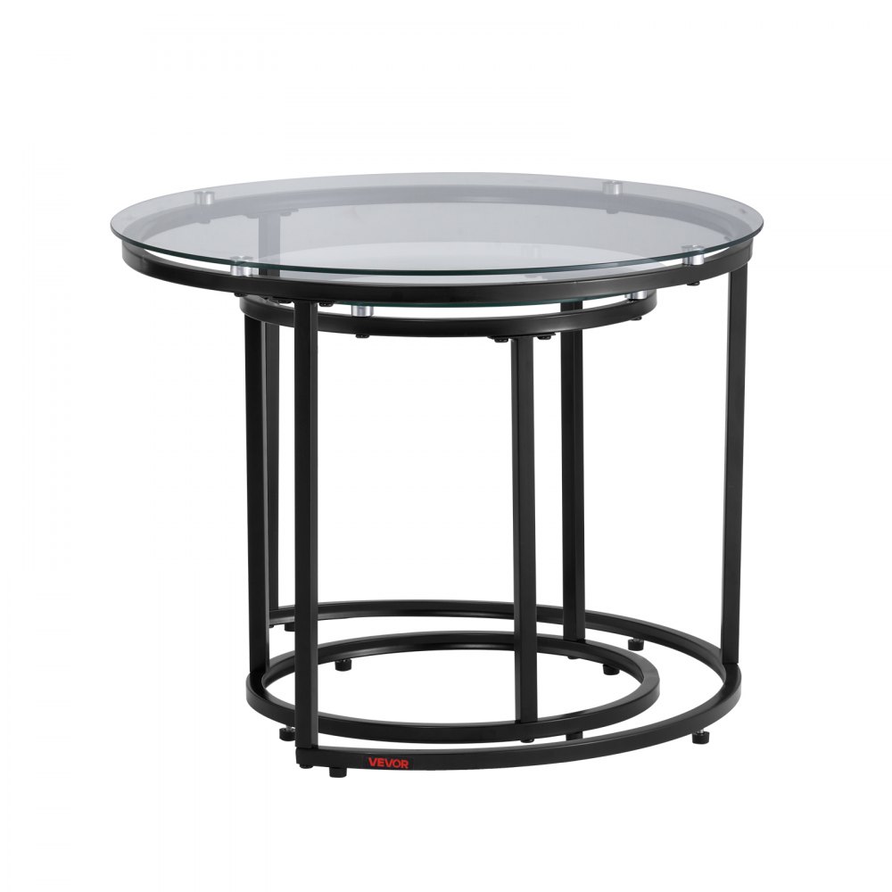 VEVOR Nesting Coffee Table Set of 2, 600 mm Round Coffee Table, Glass Nesting Tables for Small Place, Modern End Side Tables Night Stand with Metal Frame, for Living Room, Bedroom, Balcony, Office