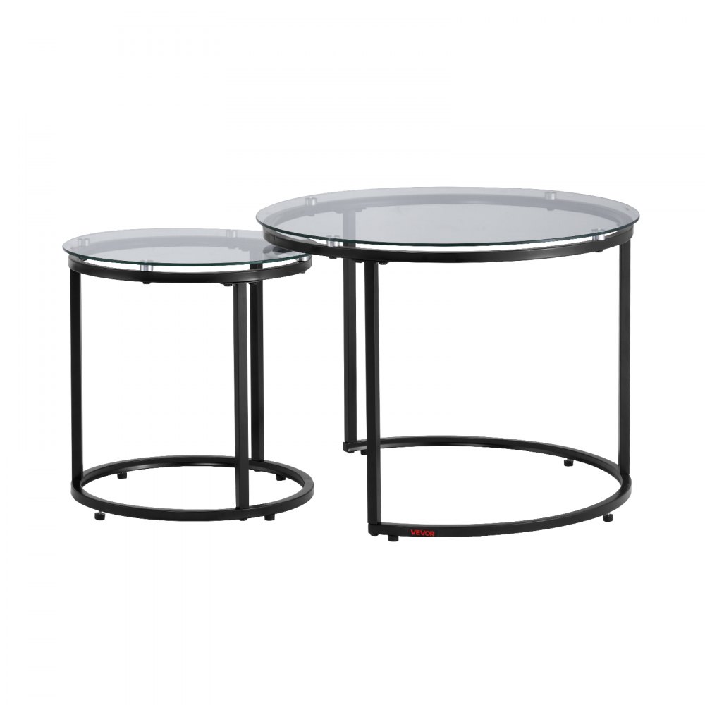 VEVOR Nesting Coffee Table Set of 2, 600 mm Round Coffee Table, Glass Nesting Tables for Small Place, Modern End Side Tables Night Stand with Metal Frame, for Living Room, Bedroom, Balcony, Office