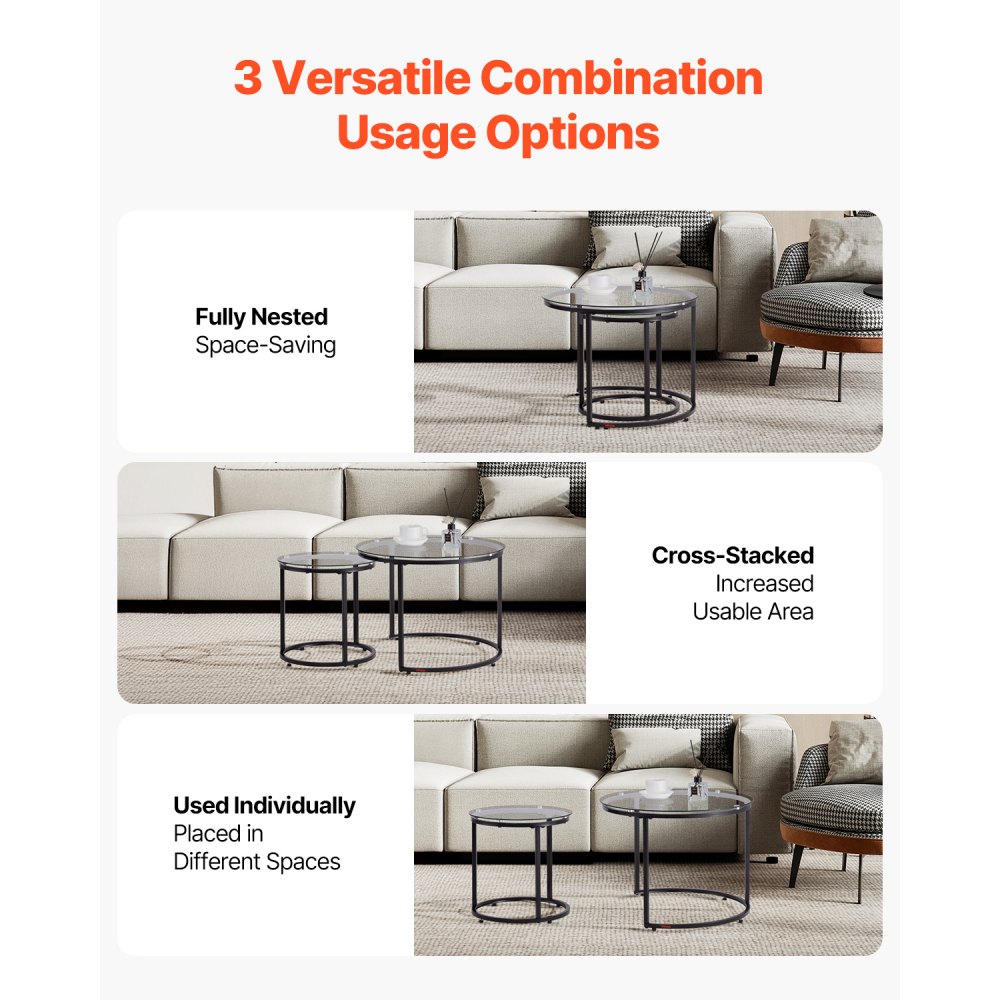 VEVOR Nesting Coffee Table Set of 2, 600 mm Round Coffee Table, Glass Nesting Tables for Small Place, Modern End Side Tables Night Stand with Metal Frame, for Living Room, Bedroom, Balcony, Office