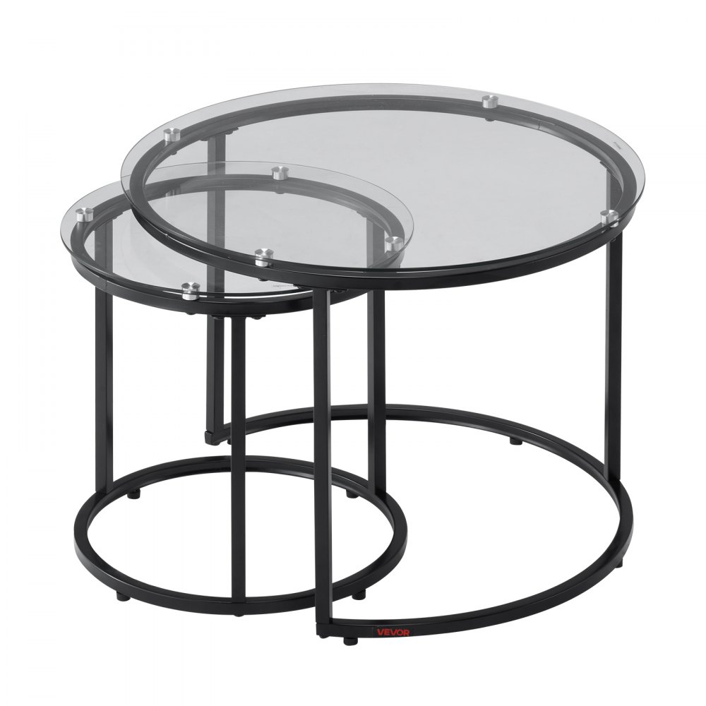 VEVOR Nesting Coffee Table Set of 2, 600 mm Round Coffee Table, Glass Nesting Tables for Small Place, Modern End Side Tables Night Stand with Metal Frame, for Living Room, Bedroom, Balcony, Office
