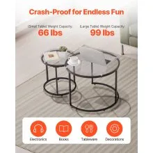 VEVOR Nesting Coffee Table Set of 2, 23.6 in Round Coffee Table, Glass Nesting Tables for Small Place, Modern End Side Tables Night Stand with Metal Frame, for Living Room, Bedroom, Balcony, Office