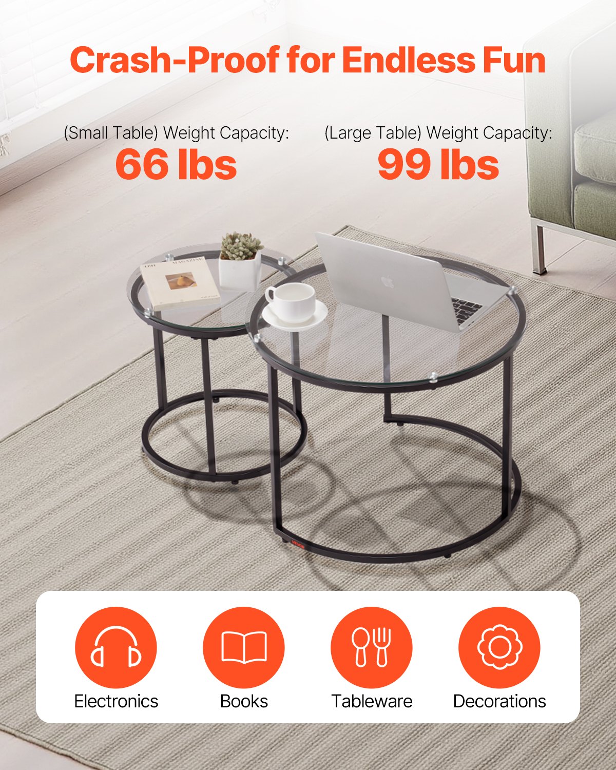 VEVOR Nesting Coffee Table Set of 2, 600 mm Round Coffee Table, Glass Nesting Tables for Small Place, Modern End Side Tables Night Stand with Metal Frame, for Living Room, Bedroom, Balcony, Office