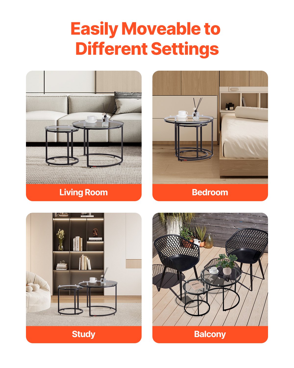 VEVOR Nesting Coffee Table Set of 2, 600 mm Round Coffee Table, Glass Nesting Tables for Small Place, Modern End Side Tables Night Stand with Metal Frame, for Living Room, Bedroom, Balcony, Office