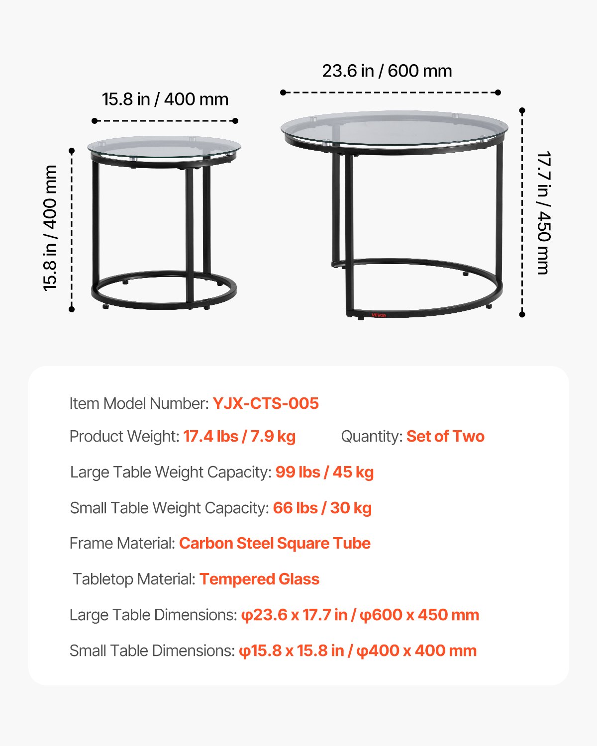 VEVOR Nesting Coffee Table Set of 2, 600 mm Round Coffee Table, Glass Nesting Tables for Small Place, Modern End Side Tables Night Stand with Metal Frame, for Living Room, Bedroom, Balcony, Office