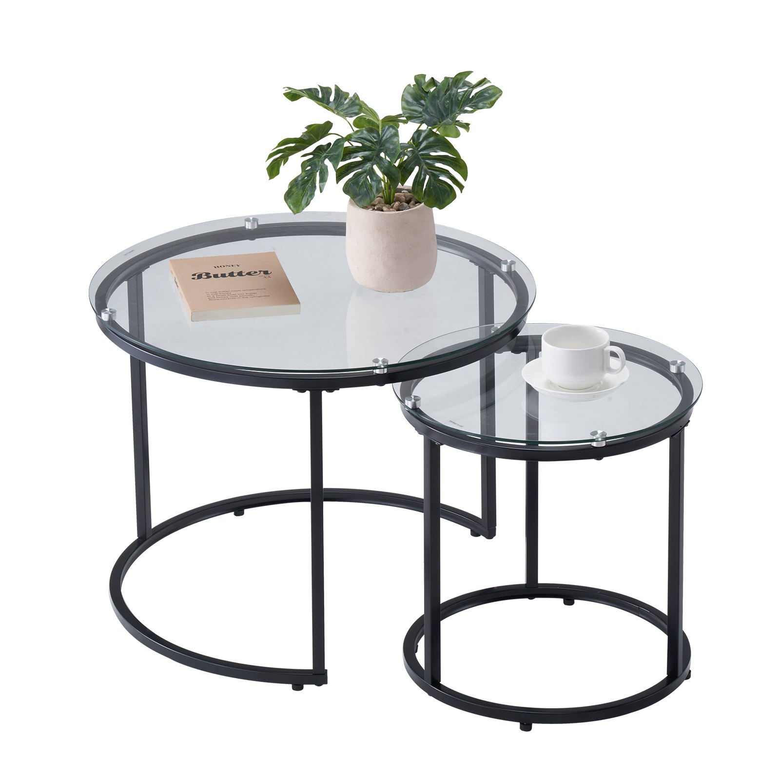 VEVOR Nesting Coffee Table Set of 2, 600 mm Round Coffee Table, Glass Nesting Tables for Small Place, Modern End Side Tables Night Stand with Metal Frame, for Living Room, Bedroom, Balcony, Office