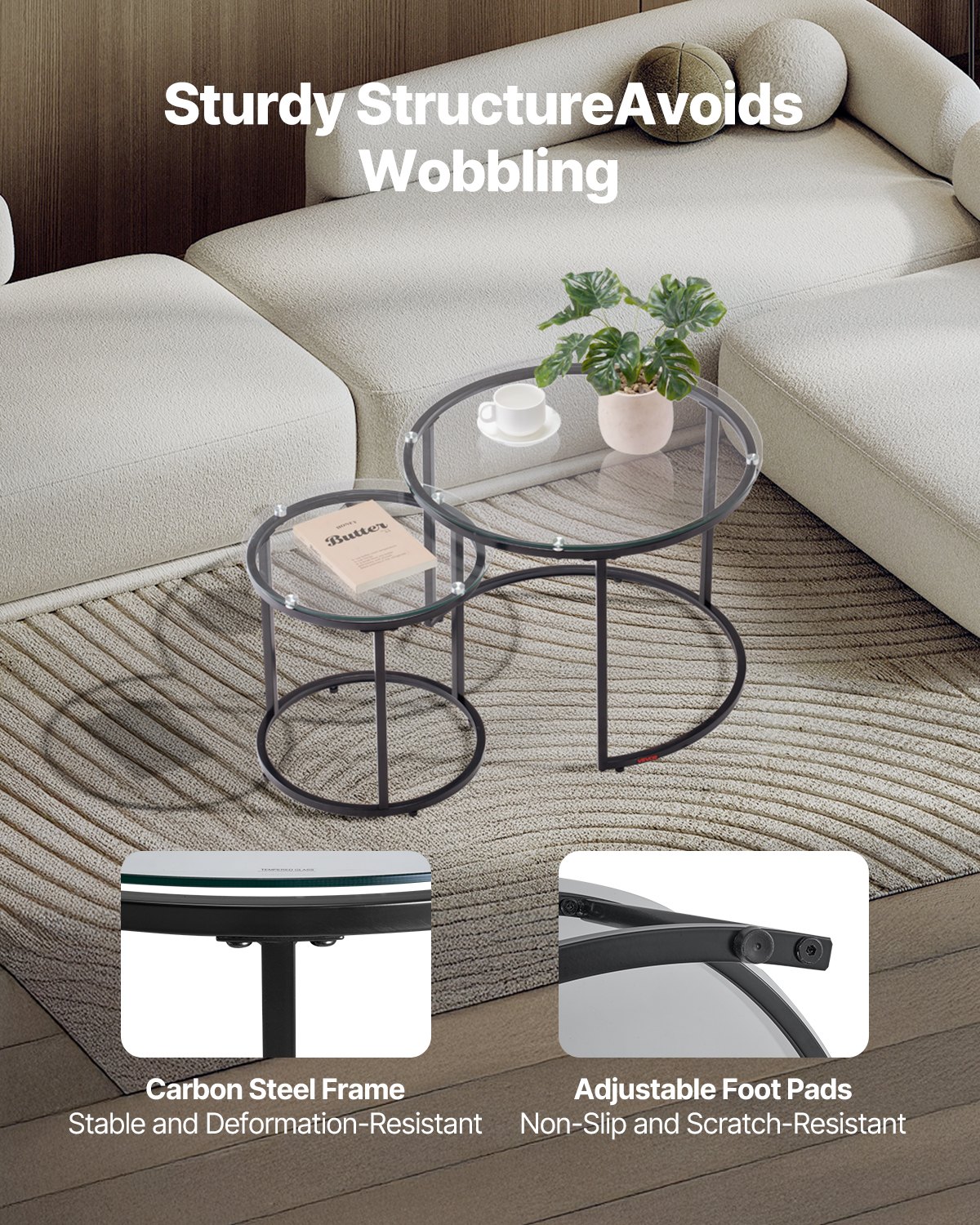 VEVOR Nesting Coffee Table Set of 2, 600 mm Round Coffee Table, Glass Nesting Tables for Small Place, Modern End Side Tables Night Stand with Metal Frame, for Living Room, Bedroom, Balcony, Office