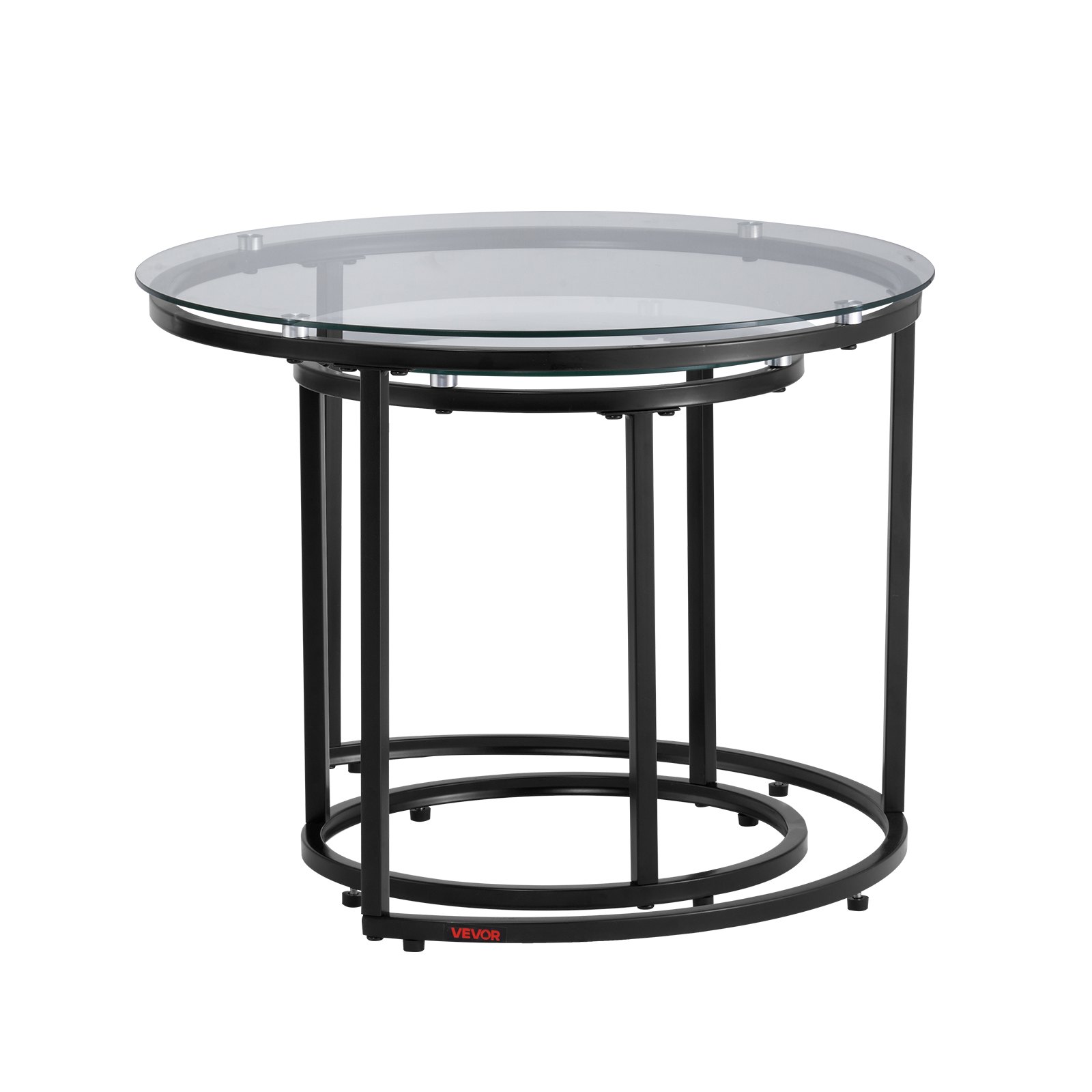 VEVOR Nesting Coffee Table Set of 2, 600 mm Round Coffee Table, Glass Nesting Tables for Small Place, Modern End Side Tables Night Stand with Metal Frame, for Living Room, Bedroom, Balcony, Office