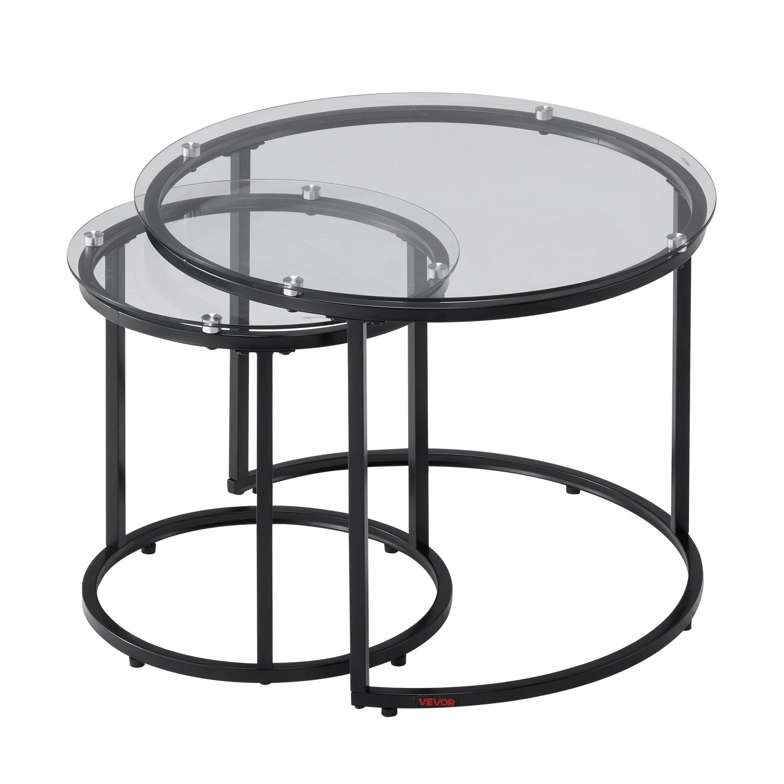 VEVOR Nesting Coffee Table Set of 2, 600 mm Round Coffee Table, Glass Nesting Tables for Small Place, Modern End Side Tables Night Stand with Metal Frame, for Living Room, Bedroom, Balcony, Office