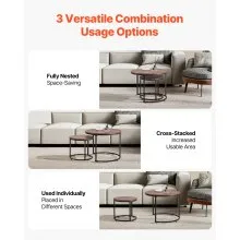 VEVOR Nesting Coffee Table Set of 2, 23.6 in Round Coffee Table, Nesting Tables for Small Place, End Side Tables Night Stand with Metal Frame, for Living Room, Bedroom, Office (Vintage Brown & Black)