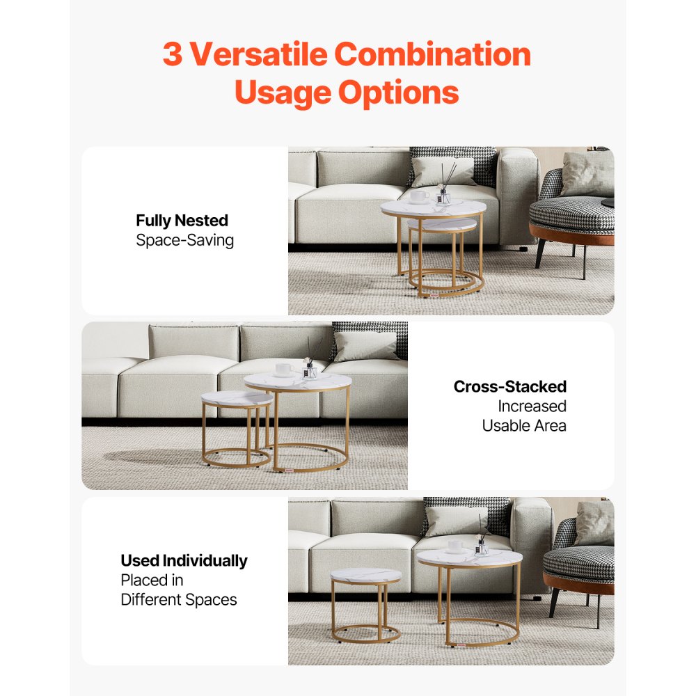 VEVOR Nesting Coffee Table Set of 2, 600 mm Round Coffee Table, Nesting Tables for Small Place, Vintage End Side Tables Night Stand with Metal Frame, for Living Room, Bedroom, Office (White & Gold)