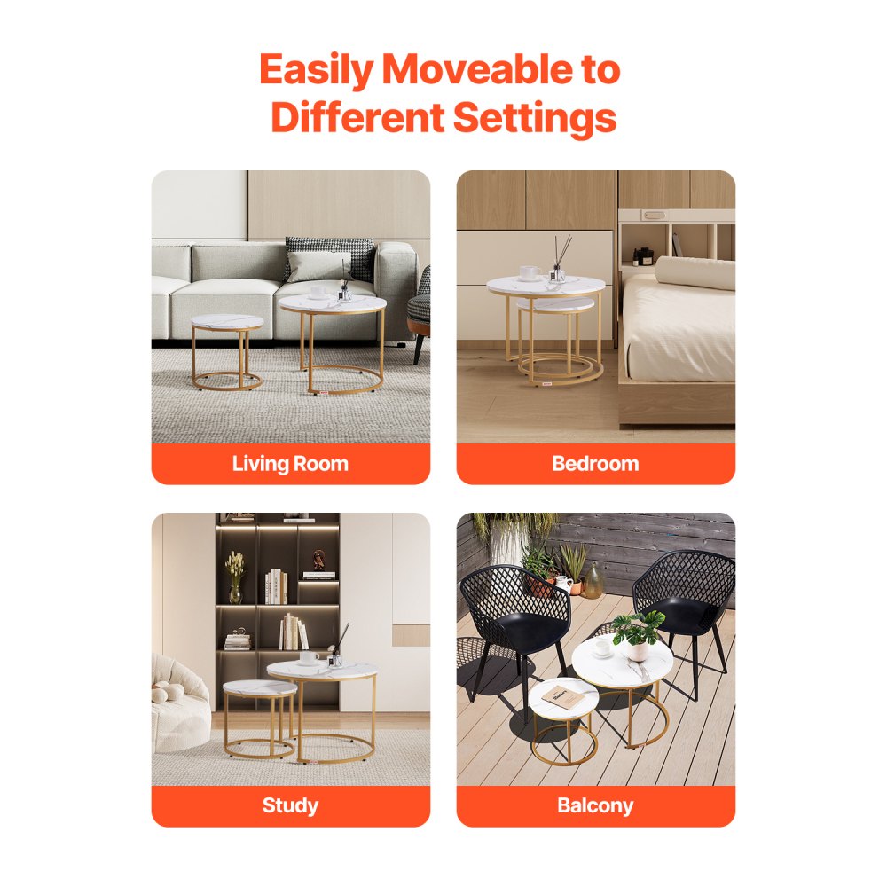 VEVOR Nesting Coffee Table Set of 2, 600 mm Round Coffee Table, Nesting Tables for Small Place, Vintage End Side Tables Night Stand with Metal Frame, for Living Room, Bedroom, Office (White & Gold)