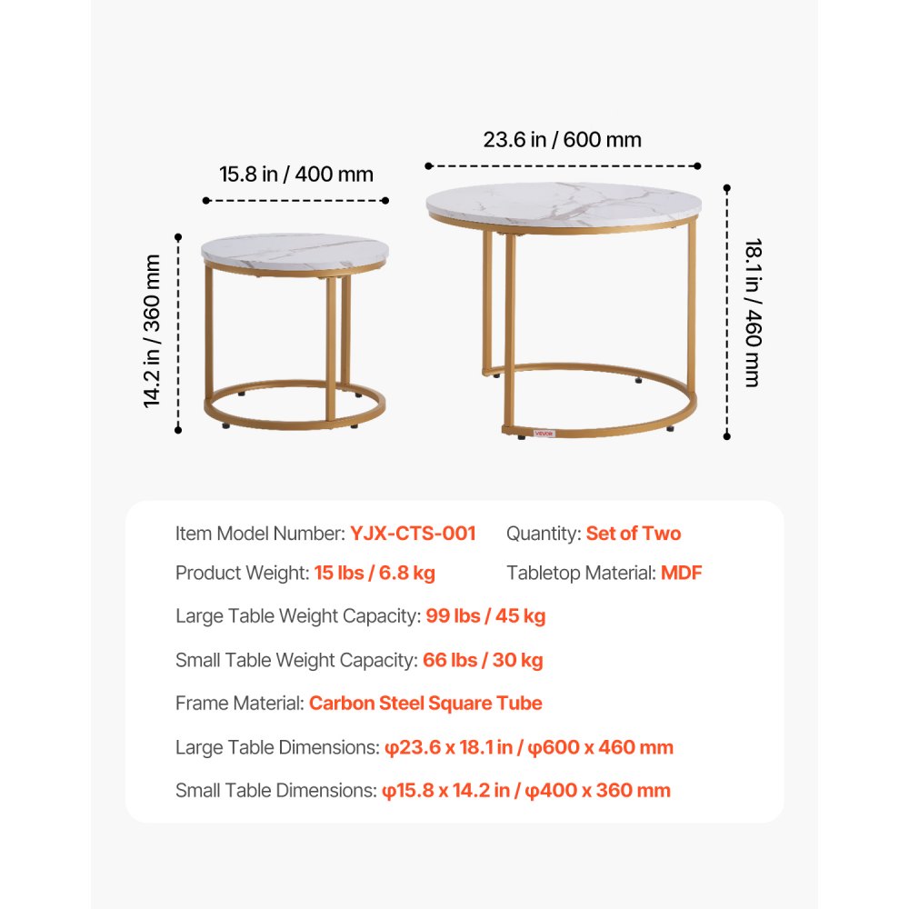 VEVOR Nesting Coffee Table Set of 2, 600 mm Round Coffee Table, Nesting Tables for Small Place, Vintage End Side Tables Night Stand with Metal Frame, for Living Room, Bedroom, Office (White & Gold)