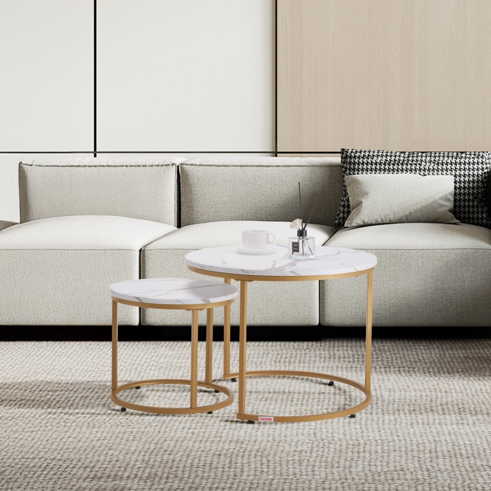 VEVOR Nesting Coffee Table Set of 2, 600 mm Round Coffee Table, Nesting Tables for Small Place, Vintage End Side Tables Night Stand with Metal Frame, for Living Room, Bedroom, Office (White & Gold)