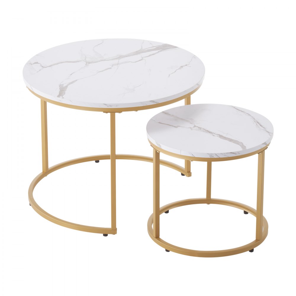 VEVOR Nesting Coffee Table Set of 2, 600 mm Round Coffee Table, Nesting Tables for Small Place, Vintage End Side Tables Night Stand with Metal Frame, for Living Room, Bedroom, Office (White & Gold)