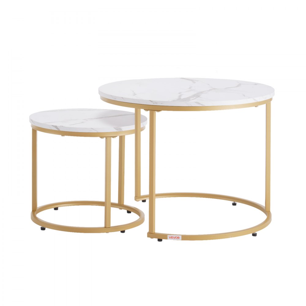 VEVOR Nesting Coffee Table Set of 2, 600 mm Round Coffee Table, Nesting Tables for Small Place, Vintage End Side Tables Night Stand with Metal Frame, for Living Room, Bedroom, Office (White & Gold)