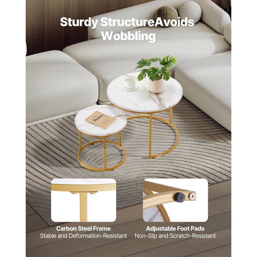 VEVOR Nesting Coffee Table Set of 2, 23.6 in Round Coffee Table, Nesting Tables for Small Place, Vintage End Side Tables Night Stand with Metal Frame, for Living Room, Bedroom, Office (White & Gold)