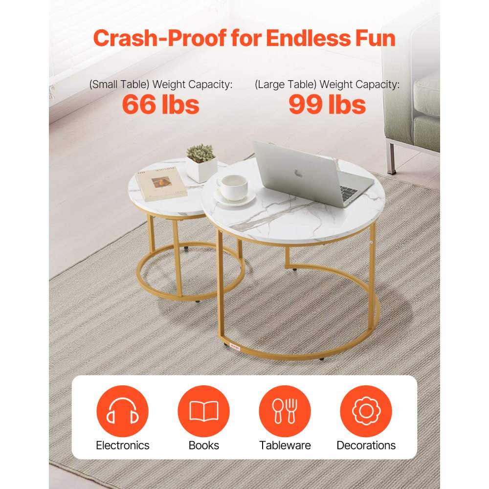 VEVOR Nesting Coffee Table Set of 2, 23.6 in Round Coffee Table, Nesting Tables for Small Place, Vintage End Side Tables Night Stand with Metal Frame, for Living Room, Bedroom, Office (White & Gold)