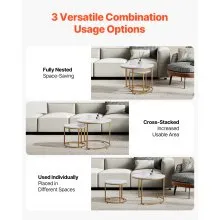 VEVOR Nesting Coffee Table Set of 2, 23.6 in Round Coffee Table, Nesting Tables for Small Place, Vintage End Side Tables Night Stand with Metal Frame, for Living Room, Bedroom, Office (White & Gold)