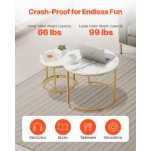 VEVOR Nesting Coffee Table Set of 2, 23.6 in Round Coffee Table, Nesting Tables for Small Place, Vintage End Side Tables Night Stand with Metal Frame, for Living Room, Bedroom, Office (White & Gold)