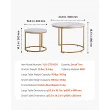 VEVOR Nesting Coffee Table Set of 2, 23.6 in Round Coffee Table, Nesting Tables for Small Place, Vintage End Side Tables Night Stand with Metal Frame, for Living Room, Bedroom, Office (White & Gold)