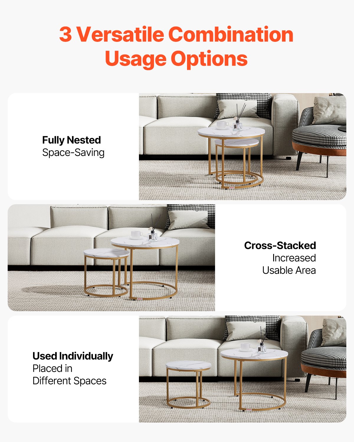 VEVOR Nesting Coffee Table Set of 2, 600 mm Round Coffee Table, Nesting Tables for Small Place, Vintage End Side Tables Night Stand with Metal Frame, for Living Room, Bedroom, Office (White & Gold)