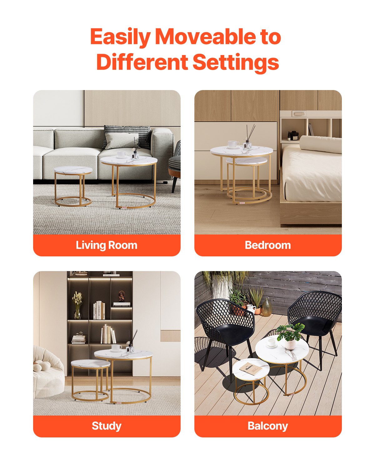 VEVOR Nesting Coffee Table Set of 2, 600 mm Round Coffee Table, Nesting Tables for Small Place, Vintage End Side Tables Night Stand with Metal Frame, for Living Room, Bedroom, Office (White & Gold)