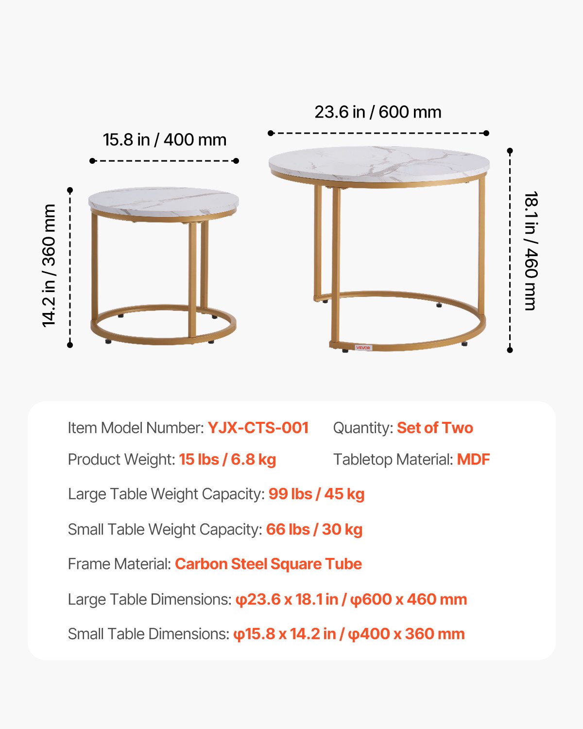 VEVOR Nesting Coffee Table Set of 2, 600 mm Round Coffee Table, Nesting Tables for Small Place, Vintage End Side Tables Night Stand with Metal Frame, for Living Room, Bedroom, Office (White & Gold)