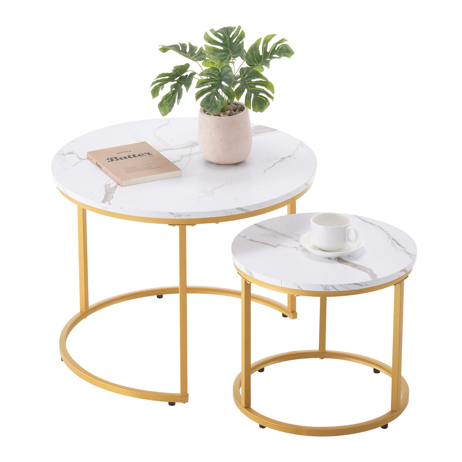 VEVOR Nesting Coffee Table Set of 2, 600 mm Round Coffee Table, Nesting Tables for Small Place, Vintage End Side Tables Night Stand with Metal Frame, for Living Room, Bedroom, Office (White & Gold)