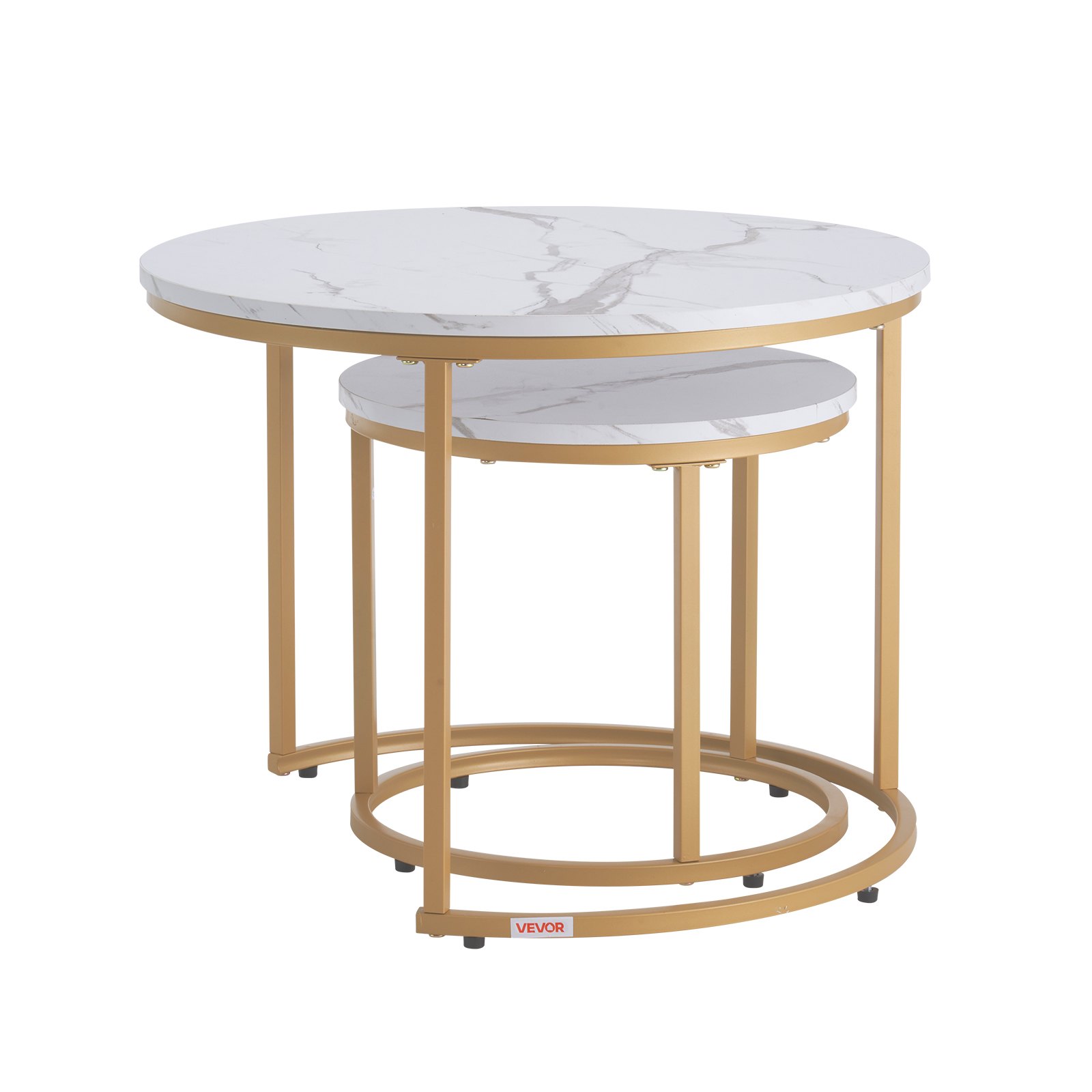 VEVOR Nesting Coffee Table Set of 2, 600 mm Round Coffee Table, Nesting Tables for Small Place, Vintage End Side Tables Night Stand with Metal Frame, for Living Room, Bedroom, Office (White & Gold)