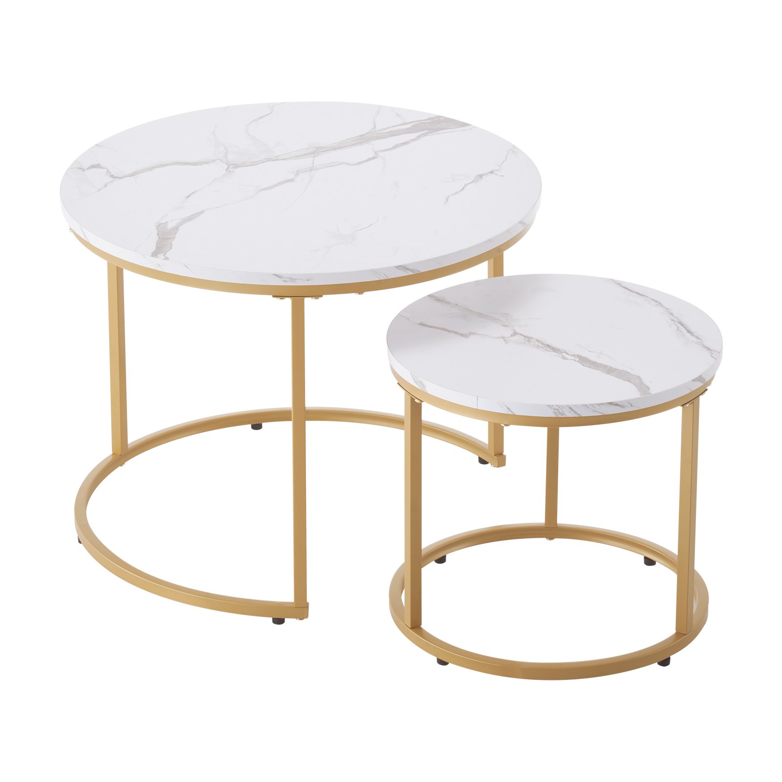 VEVOR Nesting Coffee Table Set of 2, 600 mm Round Coffee Table, Nesting Tables for Small Place, Vintage End Side Tables Night Stand with Metal Frame, for Living Room, Bedroom, Office (White & Gold)
