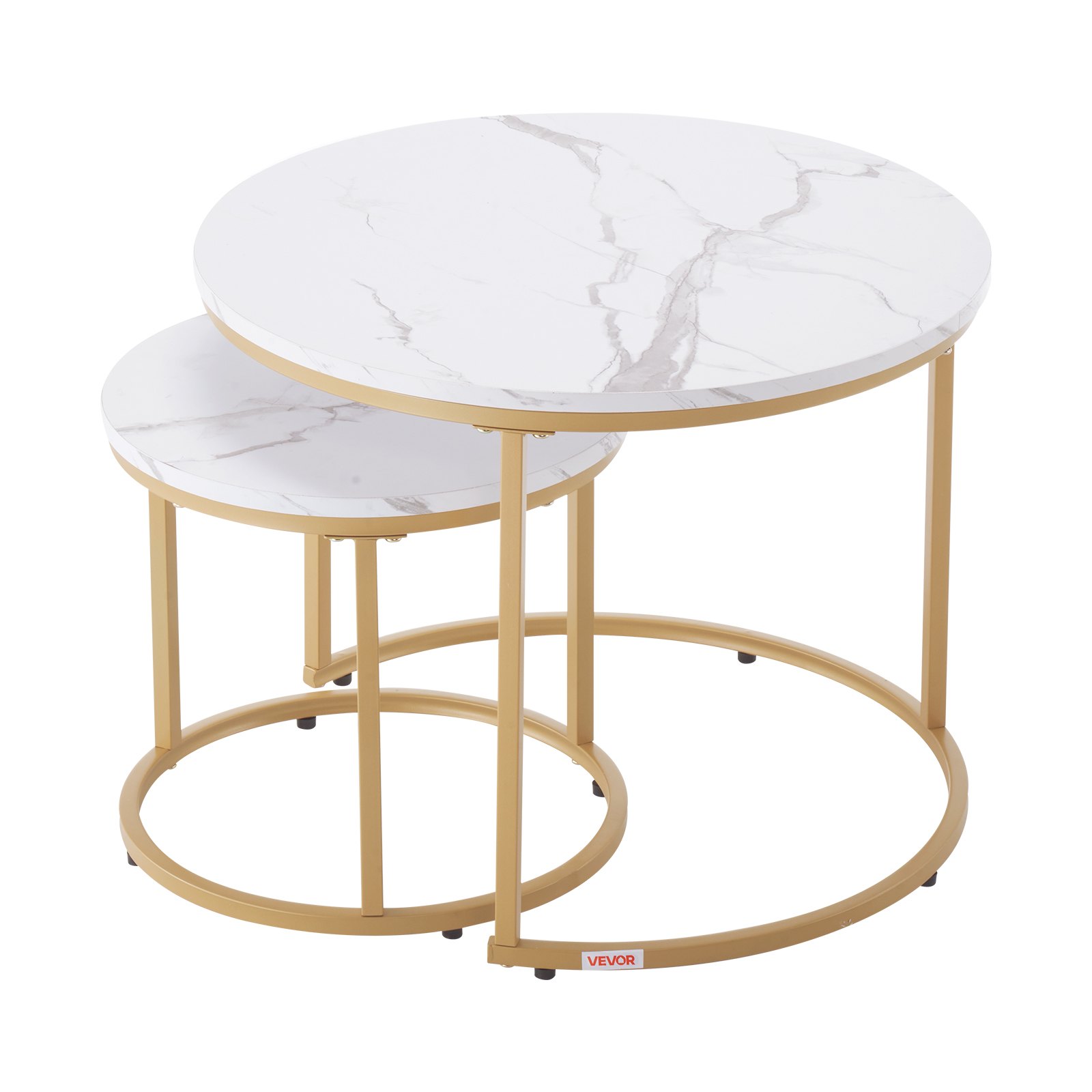 VEVOR Nesting Coffee Table Set of 2, 600 mm Round Coffee Table, Nesting Tables for Small Place, Vintage End Side Tables Night Stand with Metal Frame, for Living Room, Bedroom, Office (White & Gold)