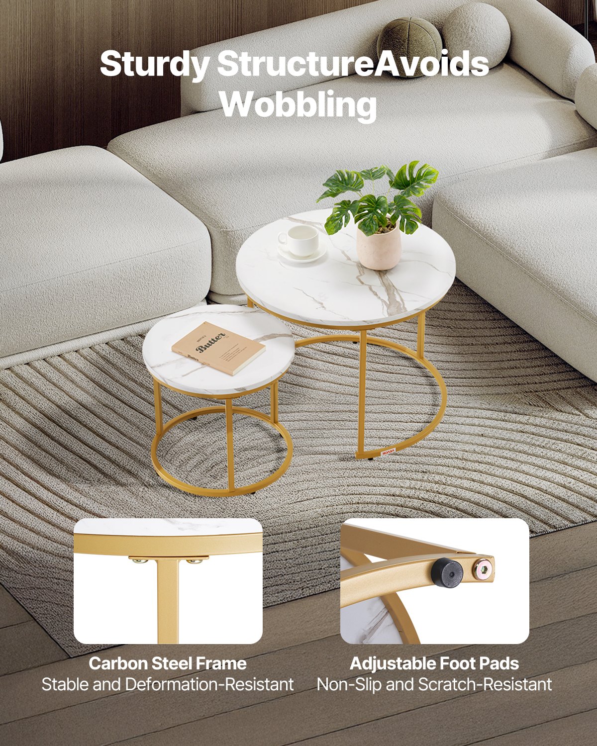 VEVOR Nesting Coffee Table Set of 2, 600 mm Round Coffee Table, Nesting Tables for Small Place, Vintage End Side Tables Night Stand with Metal Frame, for Living Room, Bedroom, Office (White & Gold)