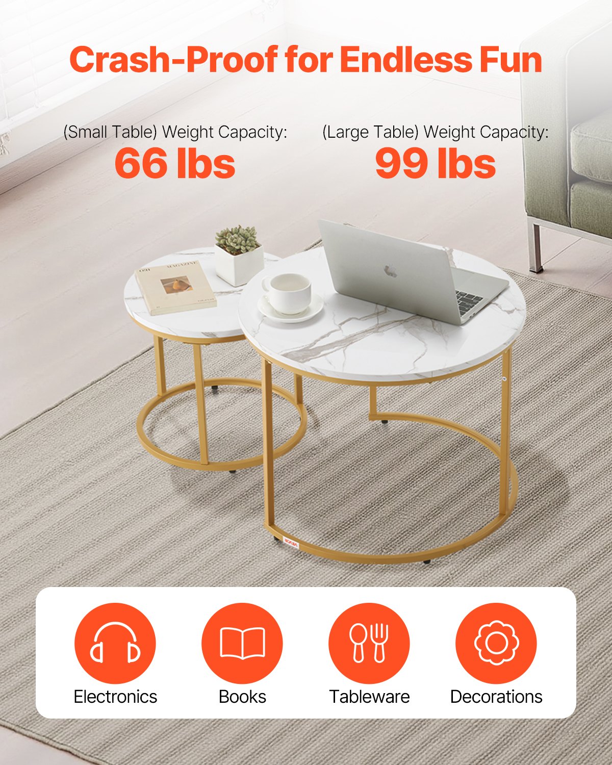 VEVOR Nesting Coffee Table Set of 2, 23.6 in Round Coffee Table, Nesting Tables for Small Place, Vintage End Side Tables Night Stand with Metal Frame, for Living Room, Bedroom, Office (White & Gold)