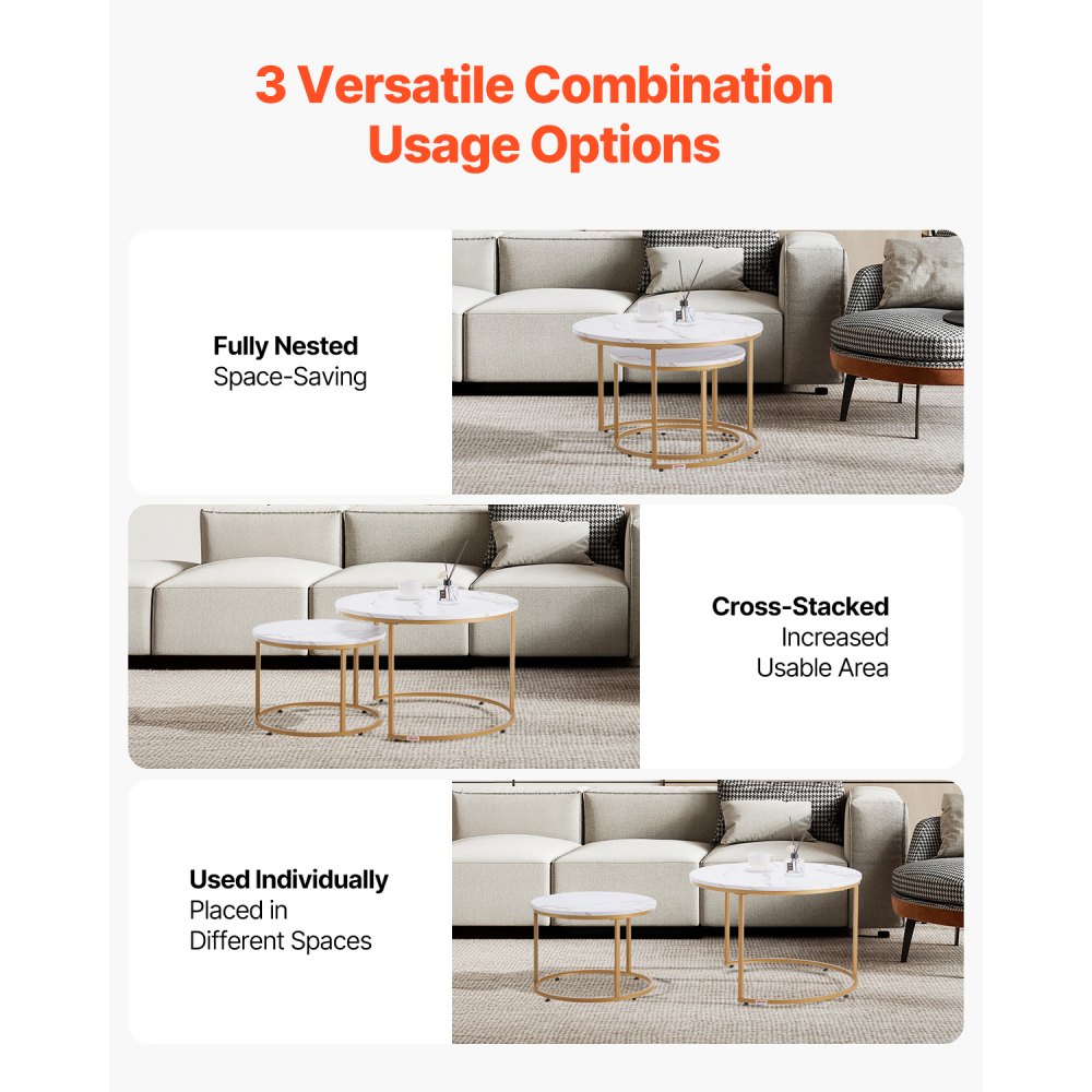 VEVOR Nesting Coffee Table Set of 2, 700 mm Round Coffee Table, Nesting Tables for Small Place, Vintage End Side Tables Night Stand with Metal Frame, for Living Room, Bedroom, Office (White & Gold)