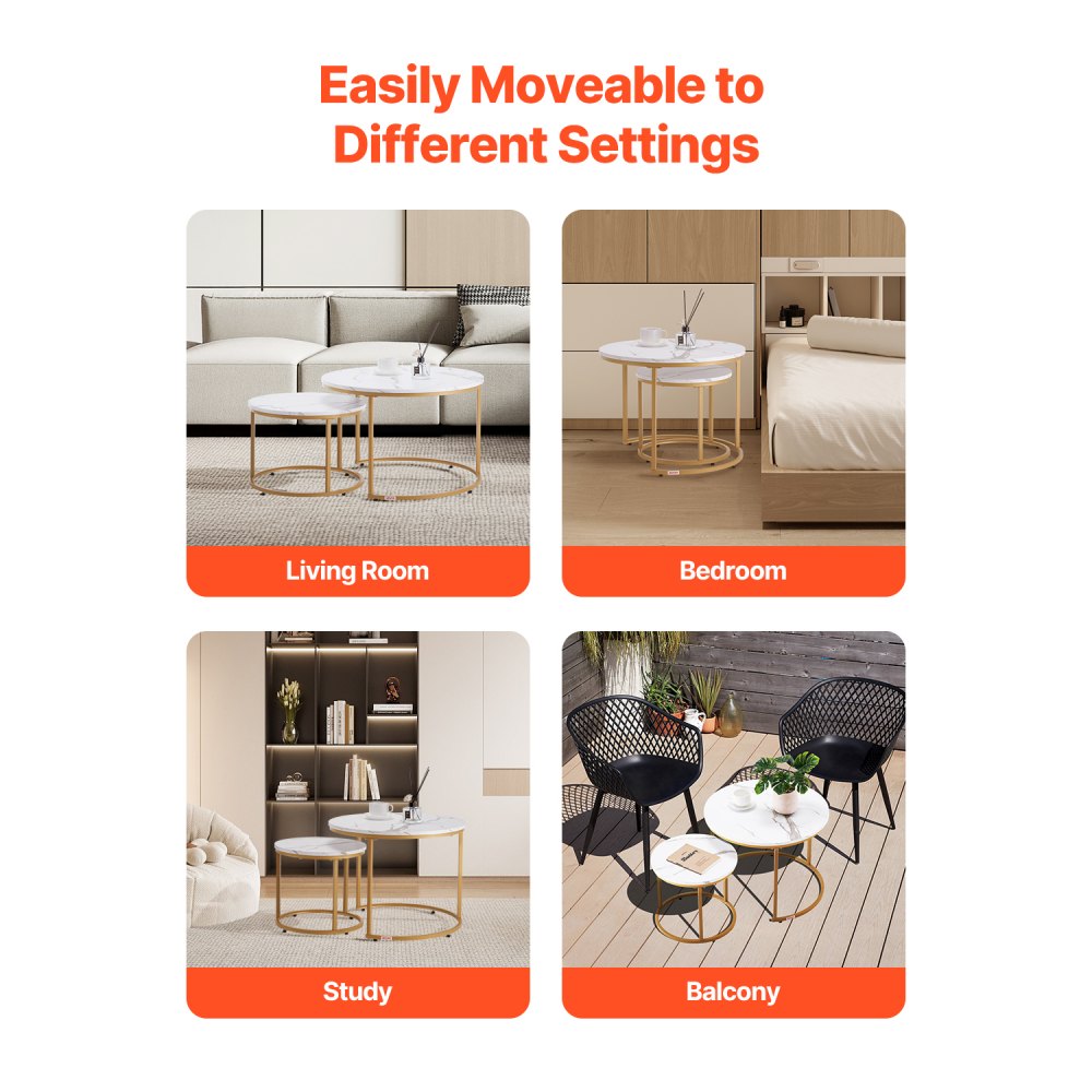 VEVOR Nesting Coffee Table Set of 2, 700 mm Round Coffee Table, Nesting Tables for Small Place, Vintage End Side Tables Night Stand with Metal Frame, for Living Room, Bedroom, Office (White & Gold)