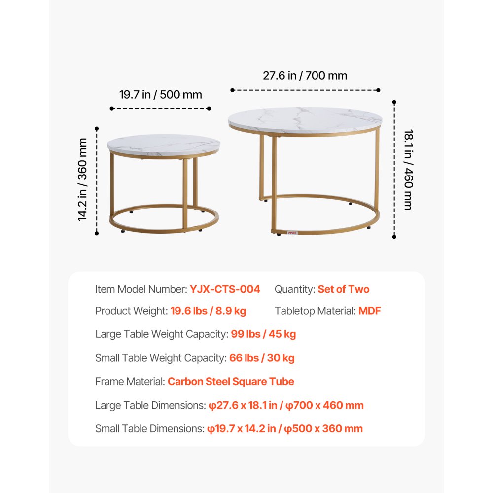 VEVOR Nesting Coffee Table Set of 2, 700 mm Round Coffee Table, Nesting Tables for Small Place, Vintage End Side Tables Night Stand with Metal Frame, for Living Room, Bedroom, Office (White & Gold)