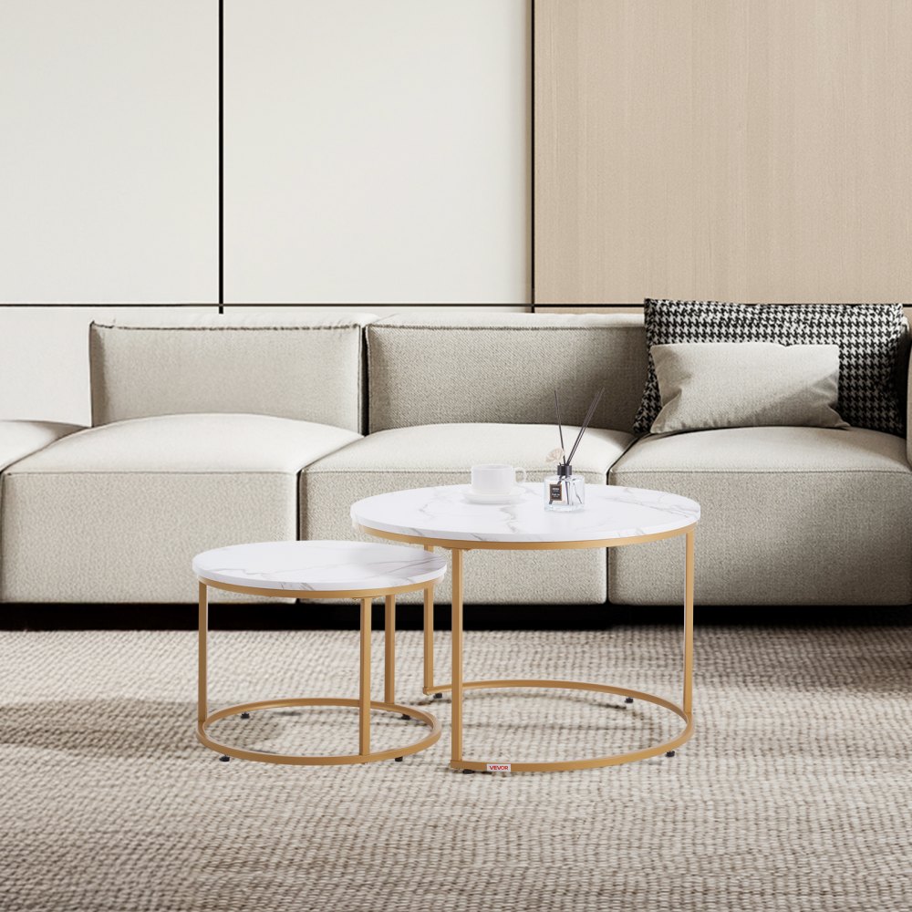VEVOR Nesting Coffee Table Set of 2, 700 mm Round Coffee Table, Nesting Tables for Small Place, Vintage End Side Tables Night Stand with Metal Frame, for Living Room, Bedroom, Office (White & Gold)