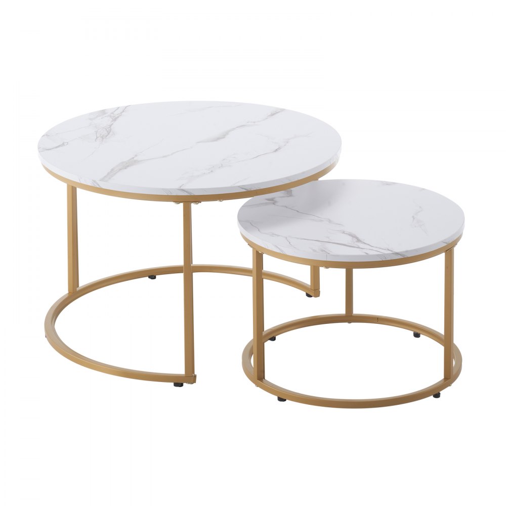 VEVOR Nesting Coffee Table Set of 2, 700 mm Round Coffee Table, Nesting Tables for Small Place, Vintage End Side Tables Night Stand with Metal Frame, for Living Room, Bedroom, Office (White & Gold)